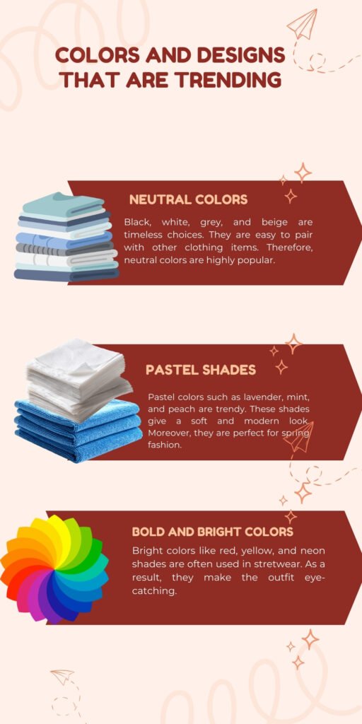 : An infographic titled “Colors and Designs That Are Trending” featuring three horizontal sections with stacked clothing icons and a color wheel. The sections are: Neutral Colors (calm, serene vibe; fall/winter), Pastel Shades (soft, feminine vibes; spring/summer), and Bold and Bright Colors (joyful, energetic vibe).