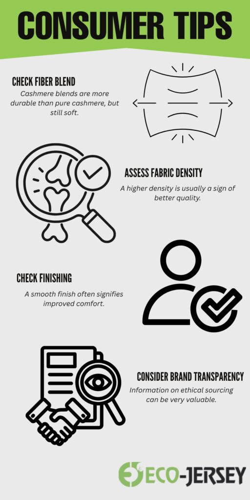 Graphic illustrating consumer tips for selecting clothing, with icons and text about fiber blends, fabric density, finishing, and brand transparency, featuring the Eco-Jersey logo.