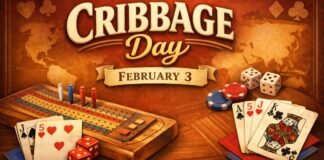 Cribbage Day: History & Why This Classic Card Game Matters A festive Cribbage Day scene with a wooden cribbage board and colorful pegs beside playing cards, dice, and poker chips laid out on a red cloth. A warm-toned world map background sets the mood, with a banner reading “Cribbage Day February 3.”