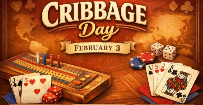 A festive Cribbage Day scene with a wooden cribbage board and colorful pegs beside playing cards, dice, and poker chips laid out on a red cloth. A warm-toned world map background sets the mood, with a banner reading “Cribbage Day February 3.”