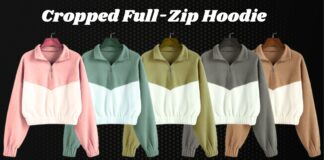 Cropped Full-Zip Hoodie: Trendy Streetwear Style Five cropped full-zip hoodies in pink, mint green, olive, gray, and brown, displayed side by side against a dark dotted background, with a white V-shaped seam separating the colors.