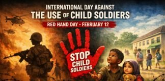 Day Against the Use of Child Soldiers 2026 | Red Hand Day A somber anti-war poster showing two children looking worried in the foreground, with a soldier aiming a weapon on the left and helicopters in the sky. A large red handprint with the words “STOP CHILD SOLDIERS” dominates the center. Barbed wire in the foreground, a group of children walking toward a building in the background, and a blue and smoky sky convey urgency and danger. Day Against the Use of Child Soldiers