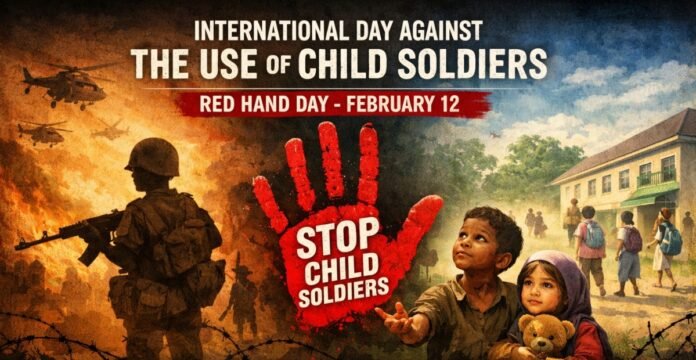 A somber anti-war poster showing two children looking worried in the foreground, with a soldier aiming a weapon on the left and helicopters in the sky. A large red handprint with the words “STOP CHILD SOLDIERS” dominates the center. Barbed wire in the foreground, a group of children walking toward a building in the background, and a blue and smoky sky convey urgency and danger. Day Against the Use of Child Soldiers