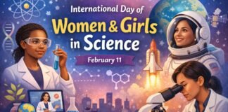 Day of Women and Girls in Science – How to Celebrate A celebratory poster for the International Day of Women and Girls in Science, featuring three women in different scientific roles—a scientist in a lab coat holding a test tube, a woman in a spacesuit, and another looking through a microscope—with a city skyline in the background and scientific motifs like DNA, atoms, and stars.