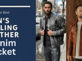A collage promoting men's leather denim jackets. On the left, a blue banner reads “Look Your Best” and “MEN'S STYLING LEATHER Denim Jacket.” In the center, a man in a gray leather jacket poses outdoors, and on the right, another man in a brown leather jacket stands against a wood backdrop.