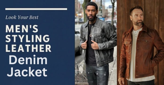 A collage promoting men's leather denim jackets. On the left, a blue banner reads “Look Your Best” and “MEN'S STYLING LEATHER Denim Jacket.” In the center, a man in a gray leather jacket poses outdoors, and on the right, another man in a brown leather jacket stands against a wood backdrop.