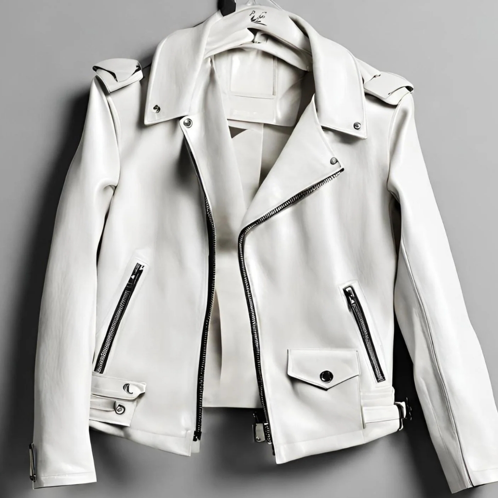 White Leather Jacket with Clean Minimalist Design 3 A white leather biker jacket hangs on a white hanger against a gray wall. The jacket is open, showing a white lining, with silver zippers, buttons, and clasps, shoulder epaulettes, and a small buttoned pocket.