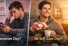 Desperation Day – Origin, and How to Celebrate Positively A split-image collage showing two Valentine’s Day scenarios: on the left, a sad man sits on a couch looking at his phone with a broken heart on the wall behind him and the caption “Desperation Day?”; on the right, a cheerful man sits with a bouquet of pink flowers and a mug, with a lamp in the background and the caption “Or Self-Love Day. Desperation Day