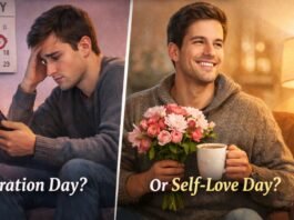 A split-image collage showing two Valentine’s Day scenarios: on the left, a sad man sits on a couch looking at his phone with a broken heart on the wall behind him and the caption “Desperation Day?”; on the right, a cheerful man sits with a bouquet of pink flowers and a mug, with a lamp in the background and the caption “Or Self-Love Day. Desperation Day