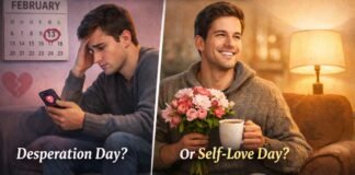 Desperation Day – Origin, and How to Celebrate Positively A split-image collage showing two Valentine’s Day scenarios: on the left, a sad man sits on a couch looking at his phone with a broken heart on the wall behind him and the caption “Desperation Day?”; on the right, a cheerful man sits with a bouquet of pink flowers and a mug, with a lamp in the background and the caption “Or Self-Love Day. Desperation Day