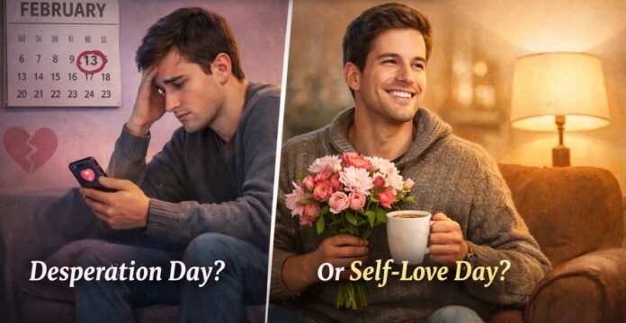 A split-image collage showing two Valentine’s Day scenarios: on the left, a sad man sits on a couch looking at his phone with a broken heart on the wall behind him and the caption “Desperation Day?”; on the right, a cheerful man sits with a bouquet of pink flowers and a mug, with a lamp in the background and the caption “Or Self-Love Day. Desperation Day