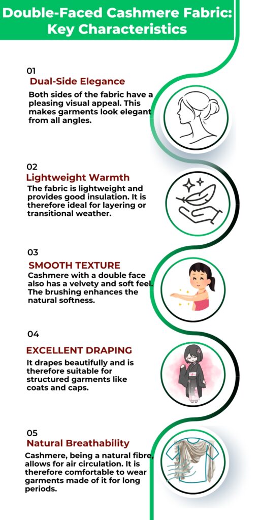 Infographic titled 'Double-Faced Cashmere Fabric: Key Characteristics' with five circular illustrations along a curved green line, describing Dual-Side Elegance, Lightweight Warmth, Smooth Texture, Excellent Draping, and Natural Breathability.