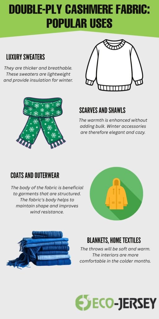 Infographic titled ‘Double-Ply Cashmere Fabric: Popular Uses’ showing four sections with icons/images: luxury sweaters, scarves and shawls, coats and outerwear, and blankets/home textiles.