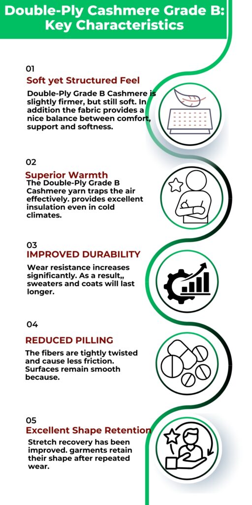 Double-Ply Grade B Cashmere: Warm & Durable 3 Vertical infographic titled "Double-Ply Cashmere Grade B: Key Characteristics" with five circular icons representing soft feel, warmth, durability, reduced pilling, and shape retention.