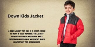 Down Kids Jacket for Warmth, Comfort, & Everyday Winter Wear A young boy models a red and black Down Kids Jacket against a soft brown gradient background.