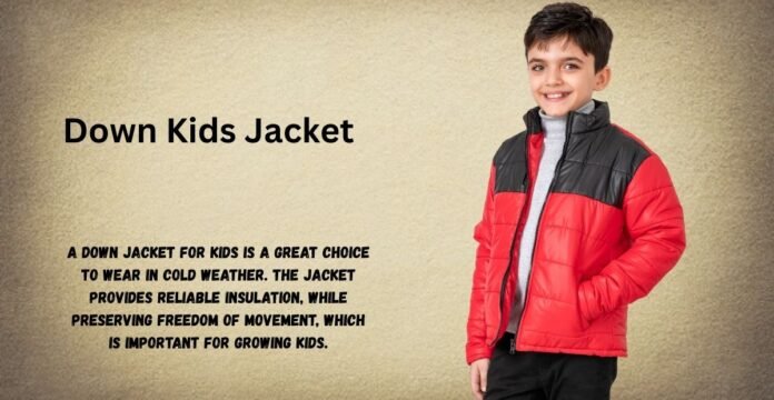 A young boy models a red and black Down Kids Jacket against a soft brown gradient background.
