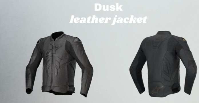 Front and back views of a dark Dusk leather jacket displayed against a plain background. The front view shows a central zipper, geometric chest panels, and detailed seam work on the sleeves. The back view highlights a large back panel design with shoulder and sleeve detailing.