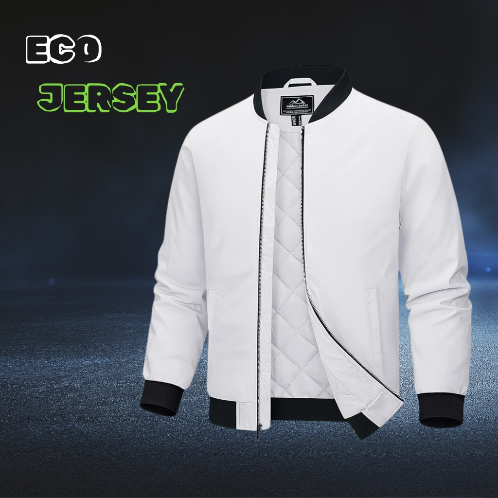 A white bomber jacket with black ribbed cuffs and collar, partially unzipped to reveal a quilted light-gray lining, set against a dark, textured blue background.