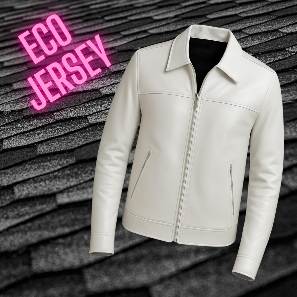 Iconic Street Leather Jacket – Premium Streetwear Edition 6 A white leather-looking jacket with a zip front and pockets is displayed against a dark gray shingled background. Bright pink glow text in the upper left reads “ECO JERSEY.”