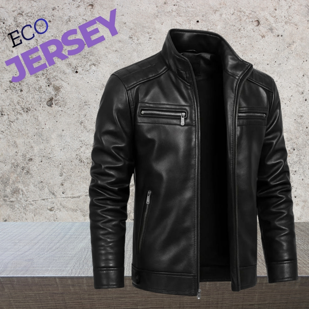 Iconic Street Leather Jacket – Premium Streetwear Edition 7 A black leather jacket with zippered pockets stands upright against a textured gray wall and a wooden surface. The jacket is zipped up, featuring two chest zip pockets and a small zip pocket on the left sleeve. The words “ECO JERSEY” appear in purple-blue on the upper left.