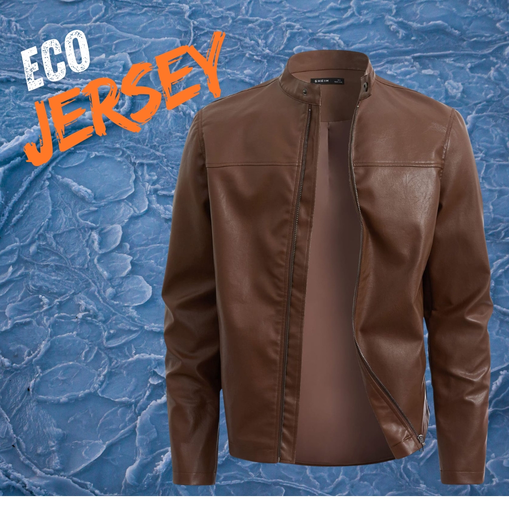 Iconic Street Leather Jacket – Premium Streetwear Edition 8 A brown faux leather jacket is displayed against a blue textured background. The jacket is partially unzipped to reveal a tan inner lining. The bold orange and white text “ECO JERSEY” appears in the top-left corner.