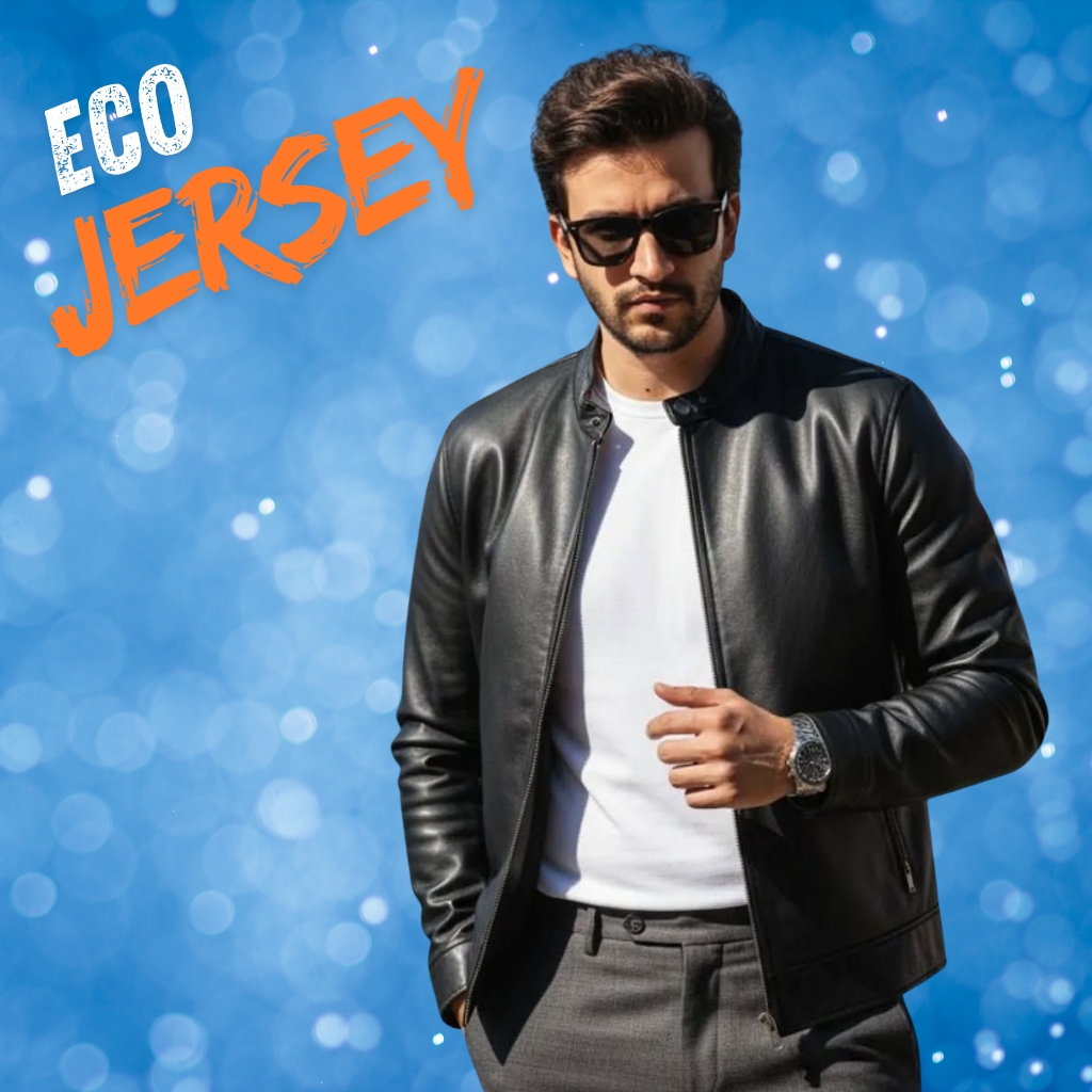 Iconic Street Leather Jacket – Premium Streetwear Edition 5 "A man wearing a black leather jacket, white t-shirt, and gray trousers stands against a blue, bokeh-background. He wears sunglasses and a wristwatch, with one hand inside his jacket. The words 'ECO JERSEY' are written in orange letters in the upper left corner."