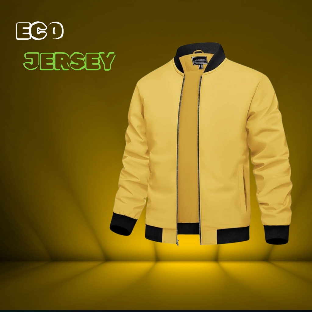 A bright yellow bomber jacket with black cuffs and collar hanging against a warm yellow backdrop.