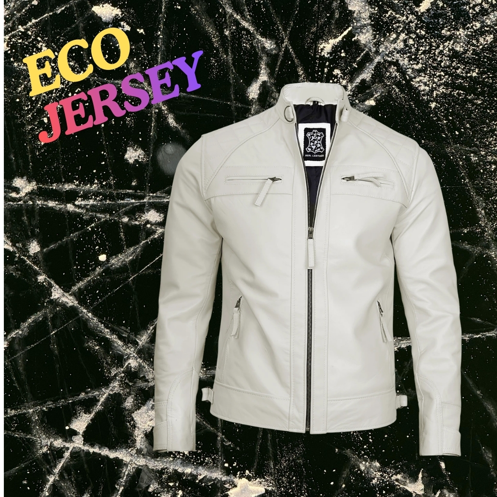 A white matte-finish leather jacket displayed against a black and white abstract background with white streaks. The jacket is zipped up, features multiple zippered pockets, adjustable sleeve straps, and a label at the collar.
