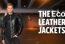 Eco Leather Jacket Crafted for Sustainable Modern Style Wear A man wearing a black leather jacket and dark jeans stands in an urban, dimly lit setting. The image features a bold text overlay reading “THE ECO LEATHER JACKETS.”