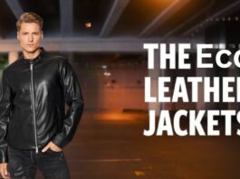 A man wearing a black leather jacket and dark jeans stands in an urban, dimly lit setting. The image features a bold text overlay reading “THE ECO LEATHER JACKETS.”