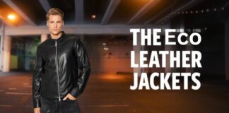 Eco Leather Jacket Crafted for Sustainable Modern Style Wear A man wearing a black leather jacket and dark jeans stands in an urban, dimly lit setting. The image features a bold text overlay reading “THE ECO LEATHER JACKETS.”