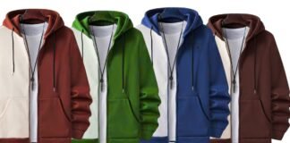 Fashion Zip-Up Hoodies: Trendy Comfort for Daily Wear Guide Four zip-up hoodies in a row, each with a white front panel and matching drawstrings. Left to right: reddish-brown, green, blue, and chocolate brown. Each hoodie is fully zipped and paired with a matching key necklace.