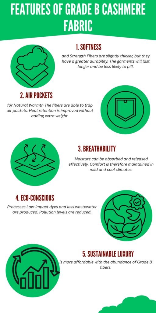 An infographic titled “Features of Grade B Cashmere Fabric” with five green circular icons arranged vertically. Each icon represents a feature: softness with a layered cloud, air pockets with a pocket shape, breathability with steam over layers, eco-consciousness with a world and plant, and sustainable luxury with a rising graph inside a recycling-like circle.
