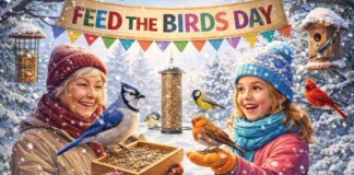 Feed the Birds Day: Celebrate & Care for Feathered Friends A snowy forest scene shows an older woman and a young girl feeding birds. The woman holds a wooden tray of birdseed with a blue jay on the edge, while the girl extends her gloved hand with a robin perched on it. A banner across the top reads “Feed the Birds Day,” with colorful pennant flags below. Several other small birds flutter around.