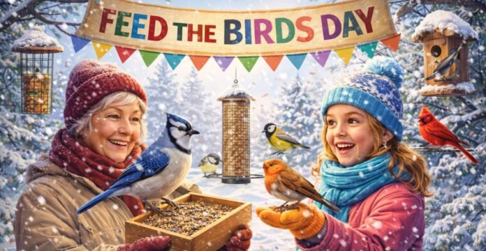 A snowy forest scene shows an older woman and a young girl feeding birds. The woman holds a wooden tray of birdseed with a blue jay on the edge, while the girl extends her gloved hand with a robin perched on it. A banner across the top reads “Feed the Birds Day,” with colorful pennant flags below. Several other small birds flutter around.