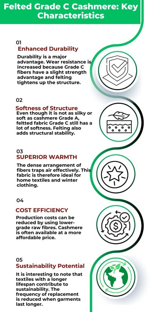 Felted Grade C Cashmere Fabric Durable & Affordable 2 An infographic titled “ Felted Grade C Cashmere: Key Characteristics” with five sections and corresponding icons: enhanced durability, softness of structure, superior warmth, cost efficiency, and sustainability potential. The layout features a vertical green curved line and circular icons on the right.