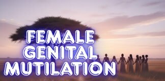 Zero Tolerance for Female Genital Mutilation – Awareness A sunset landscape showing a large tree on the left and a line of women holding hands in dresses on the right. The phrase "FEMALE GENITAL MUTILATION" is overlaid in large neon blue letters.