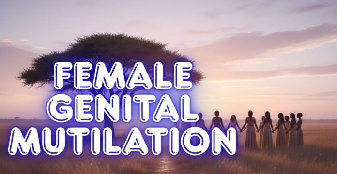 A sunset landscape showing a large tree on the left and a line of women holding hands in dresses on the right. The phrase 