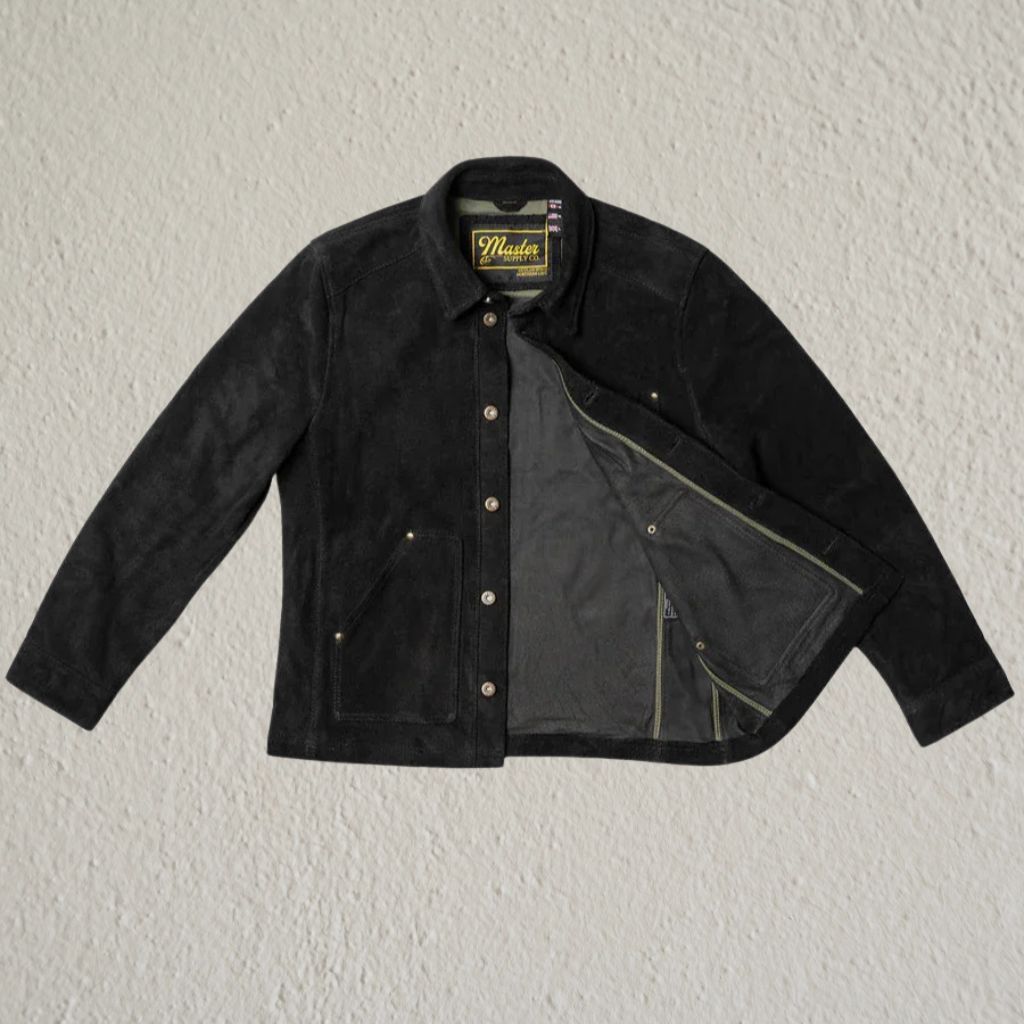 Front view of a Field Master leather jacket in black with a classic biker silhouette and metal hardware.
