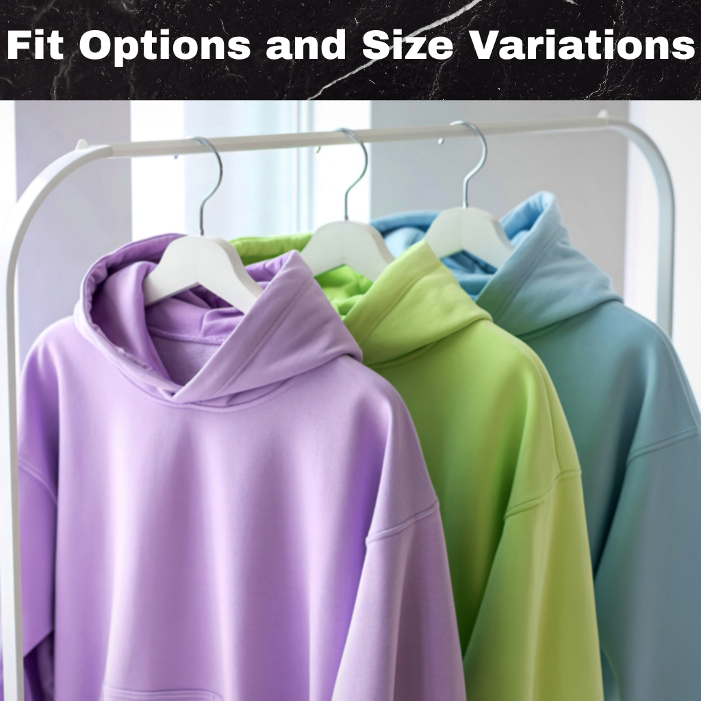 Premium Half-Zip Hoodie for Modern Streetwear Style 5 Three pastel-colored hoodies (lavender, green, and light blue) hang on a white rack in a studio, with a black marble banner that reads 'Fit Options and Size Variations' at the top.