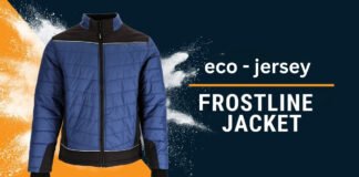 Frostline Jacket – Warm, Lightweight Winter Essential for All A blue and black quilted Frostline Jacket displayed on the left against a dark blue backdrop with orange and white powder splashes, and the text "eco - jersey FROSTLINE JACKET" on the right.