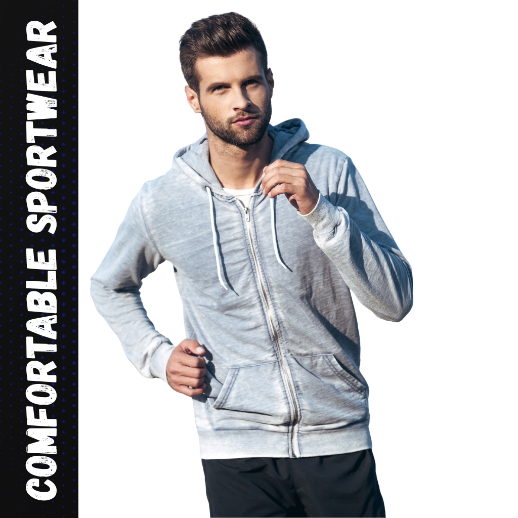 Ultimate Guide to Full-Zip Hoodies: Styles, Tips & Trends 4 A fit man wearing a light gray zip-up hoodie and black athletic shorts jogs toward the camera against a white background. A dark vertical stripe with the text “COMFORTABLE SPORTWEAR” runs along the left edge.