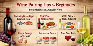 Global Drink Wine Day – Celebrate Wine & Wine Pairing Tips A wooden-background infographic titled “Wine Pairing Tips for Beginners: Simple Rules That Actually Work.” It shows sections with matching light with light/bold with bold, red wine with steak and pasta, white wine with fish and chicken, rosé and bubbly versatile, and pairing sauces (creamy, tomato, and spicy). A bottle of wine, glasses, cheese, grapes are pictured around the edges. Global Drink Wine Day