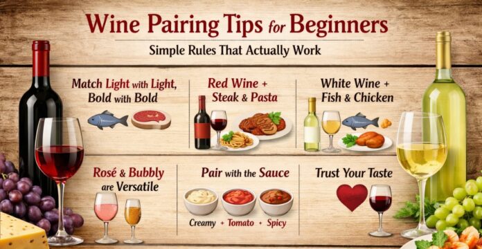 A wooden-background infographic titled “Wine Pairing Tips for Beginners: Simple Rules That Actually Work.” It shows sections with matching light with light/bold with bold, red wine with steak and pasta, white wine with fish and chicken, rosé and bubbly versatile, and pairing sauces (creamy, tomato, and spicy). A bottle of wine, glasses, cheese, grapes are pictured around the edges. Global Drink Wine Day