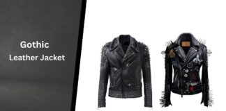 Gothic Leather Jacket with Dark Edge and Alternative Style Two black gothic leather jackets with silver studs and spikes displayed side by side against a white background. The left jacket has a classic studded design, while the right jacket features additional patches and keychains for a customized look. A dark-to-light gradient backdrop runs along the left edge, with the words 'Gothic Leather Jacket' visible.