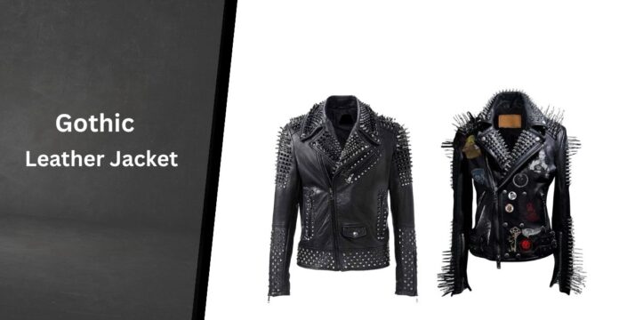 Two black gothic leather jackets with silver studs and spikes displayed side by side against a white background. The left jacket has a classic studded design, while the right jacket features additional patches and keychains for a customized look. A dark-to-light gradient backdrop runs along the left edge, with the words 'Gothic Leather Jacket' visible.