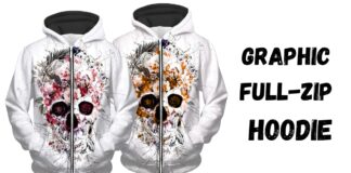 Graphic Full-Zip Hoodies: Stylish Comfort for Every Occasion Two white zip-up hoodies with a floral skull design: the left hoodie features red and pink flowers, the right hoodie features orange and yellow flowers.