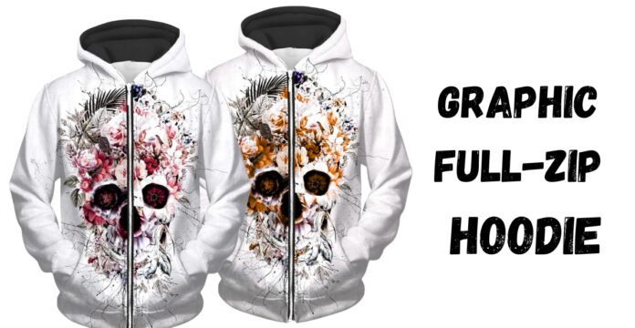 Two white zip-up hoodies with a floral skull design: the left hoodie features red and pink flowers, the right hoodie features orange and yellow flowers.
