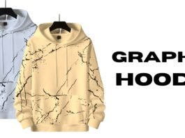 Two hoodies, one light blue and one light yellow, with black marble-like graphic patterns, displayed side by side with bold "GRAPHIC HOODIE" text on the right.