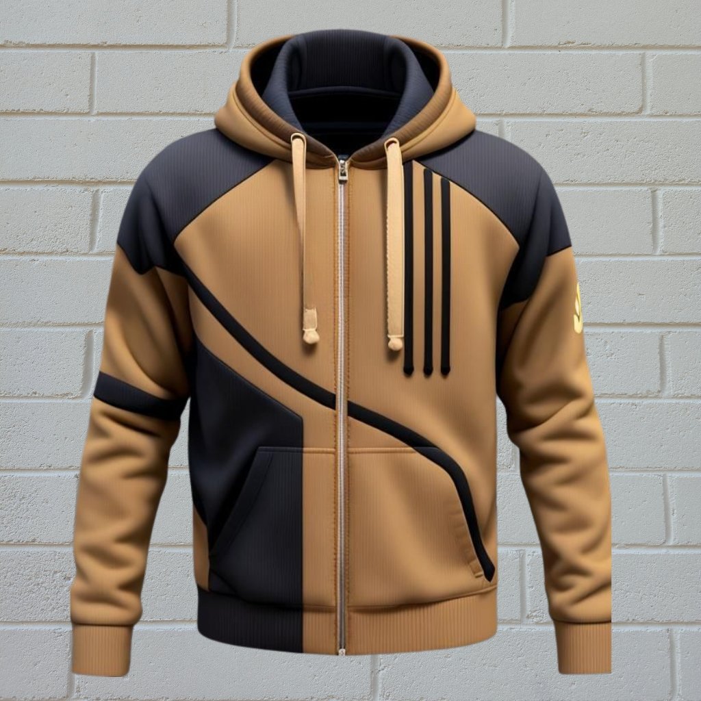 Casual Zip-Up Hoodies Stylish Comfort for Everyday Wear Pro 6 A tan and black zip-up hoodie with a central zipper, kangaroo pocket, and geometric black accents, displayed against a textured white brick wall.